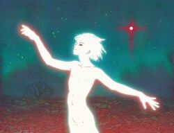 1boy androgynous arm_up aurora collarbone commentary cowboy_shot glowing highres implied_nudity male_focus nagisa_kaworu neon_genesis_evangelion night outdoors outstretched_arms planet red_eyes short_hair sky smile solo standing star_(sky) tree vinsenta white_hair
