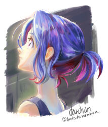 1boy absurdres artist_name blue_hair colored_inner_hair commentary_request daa-chan_(ygrv2553) derivative_work gundam gundam_gquuuuuux highres male_focus multicolored_hair ponytail profile purple_hair red_eyes screenshot_redraw short_hair shuji_ito sleeveless solo tank_top two-tone_hair