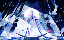 1girl absurdres bare_tree barefoot blue_background blue_eyes blue_skin blue_theme bug butterfly closed_mouth colored_skin commentary_request detached_sleeves door dress fantasy hair_between_eyes highres insect knee_up long_hair multicolored_skin original pink_butterfly sitting solo syokuuuuuuuuumura tassel tree white_dress white_hair white_skin wide_shot wide_sleeves