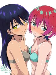 2girls amate_yuzuriha aqua_bra aqua_eyes black_hair blush bra breasts brown_bra cleavage closed_mouth commentary_request dark-skinned_female dark_skin flo_(guilty_hearts) gundam gundam_gquuuuuux hair_between_eyes highres light_frown long_hair looking_at_viewer multiple_girls nyaan_(gundam_gquuuuuux) panties red_hair short_hair simple_background small_breasts smile underwear white_background yellow_eyes