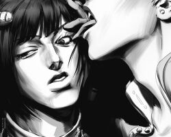 2boys black_hair bob_cut bruno_bucciarati earrings eyelashes giorno_giovanna greyscale hair_ornament hairclip highres jewelry jojo_no_kimyou_na_bouken licking licking_eye lips male_focus meme monochrome multiple_boys nose parted_lips santamanymany taste_of_a_liar_(meme) teeth thick_lips tongue tongue_out upper_teeth_only vento_aureo