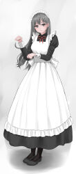 1girl absurdres apron black_pantyhose commentary dress grey_eyes grey_hair grey_shoes highres john_(pixiv_66722607) juliet_sleeves long_hair long_sleeves looking_at_viewer maid maid_apron maid_headdress mary_janes original pantyhose paw_pose puffy_sleeves shoes smile solo