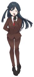 1girl ;d absurdres arm_behind_back artist_name black_hair black_shoes brown_jacket brown_pants brown_suit collared_shirt commentary commission cosplay dress_shirt finger_to_mouth formal_clothes grey_eyes hair_ornament highres hito_(maruhito) holding holding_knife jacket knife loafers long_hair love_live! love_live!_nijigasaki_high_school_idol_club necktie one_eye_closed one_side_up open_mouth pants pinstripe_pattern pinstripe_suit red_necktie red_spy_(tf2) shirt shoes signature simple_background smile solo spy_(tf2) spy_(tf2)_(cosplay) standing suit suit_jacket tachi-e team_fortress_2 triangle_hair_ornament white_background white_shirt yuki_setsuna