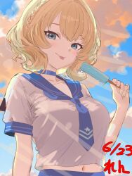 1girl alternate_costume arm_up blonde_hair blue_choker blue_eyes blue_necktie blue_sailor_collar braid breasts choker cloud colorado_(kancolle) dated food grey_eyes highres holding holding_food holding_popsicle kantai_collection large_breasts looking_at_viewer melting_popsicle midriff_peek navel necktie one-hour_drawing_challenge outdoors popsicle ren_(pawer1945) sailor_collar shirt short_hair short_sleeves side_braids sky smile solo tongue tongue_out upper_body white_shirt