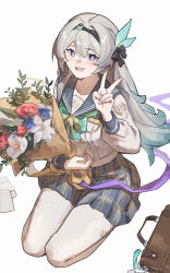 1girl bag black_hairband black_ribbon blue_sailor_collar bouquet brown_bag enqiddo firefly_(honkai:_star_rail) firefly_(spring_missive)_(honkai:_star_rail) flower gradient_hair grey_hair grey_pupils grey_skirt hair_between_eyes hair_intakes hair_ornament hair_ribbon hairband handbag highres holding holding_bouquet honkai:_star_rail honkai_(series) kneeling long_hair long_sleeves multicolored_eyes multicolored_hair open_mouth pleated_skirt ribbon sailor_collar simple_background skirt smile solo teeth thighhighs two-tone_eyes upper_teeth_only v white_background white_sleeves white_thighhighs