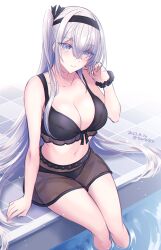 1girl arm_support bikini black_bikini blush breasts cleavage closed_mouth collarbone dated fuyutsuki_(kancolle) grey_eyes grey_hair hair_between_eyes highres kabocha_torute kantai_collection large_breasts long_hair one-hour_drawing_challenge one_side_up partially_submerged pool sitting smile solo swimsuit twitter_username water