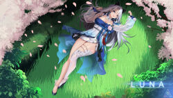 1girl animal_ears artist_logo black_shoes blue_eyes breasts character_request cleavage closed_mouth commission copyright_request dress earrings fake_animal_ears falling_petals flower grass grey_hair hair_between_eyes highres jewelry lips logo long_hair long_sleeves lying mad_kimo nail_polish on_back outdoors petals pink_flower pink_rose rose shoes skindentation solo white_dress