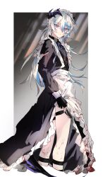 Rule 34 | 1boy, absurdres, alternate costume, apron, arknights, black dress, black gloves, blood, blood on clothes, blood on face, blood on leg, blue hair, border, braid, clothes lift, commentary request, cropped legs, crossdressing, crossdressing (mtf), dragon boy, dragon horns, dragon tail, dress, enmaided, eve (meltdown), fingerless gloves, frilled apron, frills, frown, gloves, gradient background, grey background, highres, horns, light blue hair, looking at viewer, maid, male focus, messy hair, purple eyes, puzzle (arknights), skirt, skirt lift, solo, tail, thigh strap, torn clothes, white apron, white hair