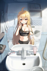 Rule 34 | 1girl, absurdres, ahoge, bare shoulders, black shorts, blonde hair, blush, breasts, brushing teeth, cleavage, collarbone, crop top, cup, day, hair between eyes, highres, holding, holding cup, holding toothbrush, indoors, large breasts, long hair, luciana de montefio, midriff, mirror, mug, navel, orange eyes, reflection, shorts, sidelocks, sink, solo, strap slip, sunlight, tist, toothbrush, toothpaste, towel, very long hair, washing machine, zenless zone zero