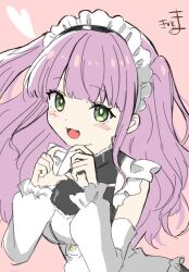 1girl :d blush commentary detached_sleeves dress fang green_eyes hands_up heart heart_hands indie_virtual_youtuber kiritoma long_hair long_sleeves looking_at_viewer maid_headdress open_mouth puffy_long_sleeves puffy_sleeves purple_hair signature smile solo tamachomo_(vtuber) two_side_up upper_body very_long_hair virtual_youtuber white_dress white_sleeves