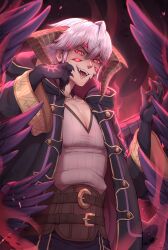 Rule 34 | 1boy, absurdres, artist name, aura, belt, claws, cloak, dark background, evomanaphy, extra eyes, fangs, feathered wings, fire emblem, fire emblem heroes, glowing, glowing eyes, highres, hood, hooded cloak, horns, looking at viewer, male focus, male robin (fire emblem), male robin (grima) (fire emblem), male robin (grima) (tyrant of ruin) (fire emblem), multiple wings, nintendo, red eyes, smile, white hair, wings