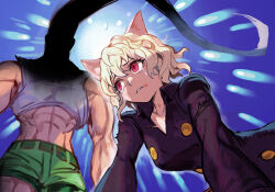 1boy 1girl animal_ears blue_shirt breasts cat_ears cat_girl eyelashes from_below furrowed_brow gon-san gon_freecss hair_between_eyes hungry_clicker hunter_x_hunter large_breasts long_hair long_sleeves looking_up monster_girl muscular muscular_male neferpitou parody red_eyes shirt short_hair short_shorts shorts street_fighter street_fighter_iii_(series) tank_top tears very_long_hair wavy_hair white_hair white_tank_top