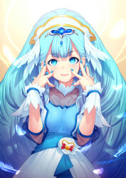 1girl absurdres big_hair blue_dress blue_eyes blue_hair blue_nails closed_mouth collarbone commentary cure_ange dress earrings frown heart highres hugtto!_precure jewelry kazuma_muramasa lips long_hair looking_at_viewer magical_girl nail_polish pouch precure short_sleeves solo standing tiara wrist_cuffs yakushiji_saaya