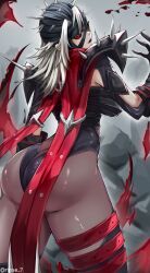 1girl absurdres armor ass bandaged_head bandages black_leotard black_sclera breasts colored_sclera fantastic_four gloves grey_hair highres leotard looking_at_viewer malice_(sue_storm) marvel marvel_rivals red_eyes red_scarf rinse_7 scarf shoulder_spikes solo spiked_armor spiked_helmet spikes sue_storm thong_leotard two-tone_bodysuit