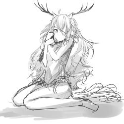 1girl absurdres ahoge animal_ears antlers bandage_over_one_eye bandages bare_legs bloodborne dress fang female_focus greyscale highres horns long_hair lunateelfe monochrome short_dress sitting solo very_long_hair vicar_amelia