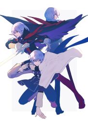 Rule 34 | absurdres, cape, collared cape, commentary request, fire emblem, fire emblem: three houses, fire emblem warriors: three hopes, garreg mach monastery uniform, highres, holding, holding sword, holding weapon, iwasinogomaae, long hair, long sleeves, looking ahead, looking back, male focus, mystical high collar, nintendo, parted bangs, purple eyes, purple hair, reverse grip, school uniform, side cape, simple background, sleeve cuffs, smile, sword, teeth, weapon, white background, white cape, yuri leclerc, yuri leclerc (timeskip)