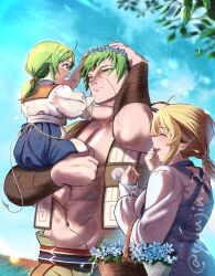 absurdres ahoge blonde_hair blue_flower blue_sky blush brown_vest carrying carrying_under_arm dress family father_and_daughter flower flower_basket forehead_jewel green_eyes green_hair hair_flaps happy head_wreath highres husband_and_wife laughing luicelia_superdia muscular muscular_male mushoku_tensei norn_greyrat outdoors ponytail ruijerd_superdia sky smile sunlight tail vest yujin_(kanouyuuto-0423)