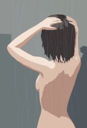 1girl bath bathing bathroom black_hair completely_nude female_focus from_behind highres ibispaint_(medium) medium_hair mogami_akari_(original) nude original showering solo tagme washing_hair wet