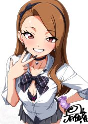 1girl black_bow black_bowtie black_bra black_choker black_nails bow bowtie bra breasts brown_hair choker cleavage collarbone collared_shirt commentary_request earrings grey_skirt hand_on_own_hip idolmaster jabara_tornado jewelry long_hair looking_at_viewer medium_breasts minase_iori partially_unbuttoned pleated_skirt ring scrunchie shirt signature simple_background skirt smile solo standing underwear w white_background white_shirt wrist_scrunchie