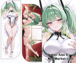 1girl azur_lane bare_shoulders barefoot breasts dakimakura_(medium) grabbing_own_breast green_hair highres huge_breasts looking_at_viewer maggiore_baracca_(azur_lane) maggiore_baracca_(the_god_craves_punishment)_(azur_lane) one-piece_swimsuit purple_eyes solo swimsuit