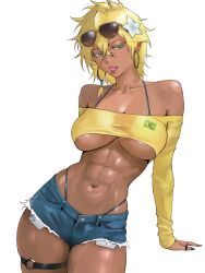 Rule 34 | abs, bare shoulders, bion (insomn bion), bleach, blonde hair, brazilian flag, breasts, candy, collarbone, colored eyelashes, dark-skinned female, dark skin, earrings, espada, flower, food, green eyes, hair flower, hair ornament, highres, hoop earrings, jeans shorts, jewelry, large breasts, lollipop in mouth, medium hair, shiny skin, short shorts, shorts, simple background, sunglasses, sunglasses on head, thigh strap, thighs, thong, tier harribel, underboob, white background