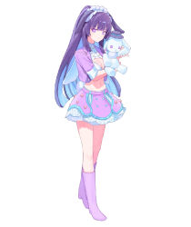 1girl aliasing alternate_costume animal_ears bead_necklace beads belt black_hat blue_hair blunt_ends boots breasts bright_pupils cleavage cleavage_cutout closed_mouth clothing_cutout colored_inner_hair commentary_request crop_top cropped_jacket crossed_legs doll ears_through_headwear expressionless floppy_ears full_body hairband hands_up hat high_ponytail highres holding holding_doll honkai_(series) honkai_impact_3rd idol idol_clothes jacket jewelry kemonomimi_mode knee_boots light_blush lolita_hairband long_hair looking_at_viewer medium_breasts merchandise_available midriff miniskirt multicolored_hair navel necklace open_clothes open_jacket partial_commentary petticoat ponytail purple_belt purple_boots purple_eyes purple_hair purple_jacket purple_skirt quilted_clothes quilted_skirt rabbit_ears rabbit_girl rabbit_tail raiden_mei raiden_mei_(herrscher_of_origin) roena rubber_boots simple_background skirt skirt_set solo sprinkles standing stuffed_animal stuffed_rabbit stuffed_toy tail three-quarter_sleeves turtleneck two-handed two-tone_hair very_long_hair watson_cross white_background white_hairband white_petticoat white_sleeve_cuffs white_tail wrist_cuffs