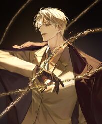 1boy black_gloves blonde_hair brown_background brown_coat brown_shirt brown_suit chain chhiii_o_o coat coat_on_shoulders formal_clothes gloves grey_necktie highres looking_to_the_side male_focus naega_kiun_s_geubdeul necktie parted_lips shirt short_hair simple_background solo suit sung_hyunjae upper_body yellow_eyes