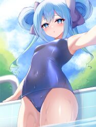 1girl absurdres armpits bare_shoulders blue_eyes blue_hair blue_sky blurry blush bow breasts canian cloud covered_navel cowboy_shot day hair_bow hair_ribbon highres long_hair looking_at_viewer old_school_swimsuit one-piece_swimsuit ongeki outdoors pool pool_ladder poolside ribbon school_swimsuit sky small_breasts solo standing suzushima_arisu swimsuit symbol-shaped_pupils wading water wet wet_clothes