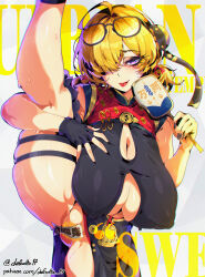 1girl absurdres ahoge black_gloves blonde_hair blonde_pubic_hair breasts cleavage defaultz fingerless_gloves gigantic_breasts glasses gloves hair_over_one_eye hand_fan hand_on_own_chest highres holding holding_fan leg_up patreon_username piercing purple_eyes skindentation solo sweat sweety_(zenless_zone_zero) thigh_strap tongue tongue_piercing twitter_username zenless_zone_zero