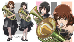 2girls alternate_costume black_dress black_hair bob_cut brown_hair cocktail_dress dress euphonium fumi-a hayami_kanade hibike!_euphonium instrument multiple_girls music oumae_kumiko playing_instrument short_hair white_background