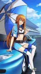 1girl alternate_costume belt bleachers boots breasts brown_hair car cat cleavage cloud cloudy_sky copyright_name day female_focus grey_eyes high_heels highres huke jacket long_hair looking_at_viewer makise_kurisu medium_breasts midriff miniskirt motor_vehicle navel official_art on_car race_queen race_track sitting skirt sky smile solo steins;gate straight_hair thigh_boots thighhighs umbrella watermark white_boots white_thighhighs zettai_ryouiki