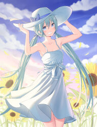 1girl aqua_hair arms_up bib_(bibboss39) blue_eyes blush cloud collarbone commentary dress flower grin hair_between_eyes hair_ribbon hands_on_headwear hat hatsune_miku highres long_hair nail_polish outdoors petals revision ribbon sky smile solo sun_hat sundress sunflower symbol-only_commentary twintails very_long_hair vocaloid white_dress