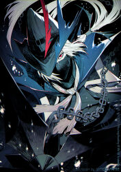 1boy anchor arknights black_background black_hat chain commentary_request glaring hat highres holding holding_anchor looking_at_viewer male_focus mask meiji_ken neckerchief pointy_hat ponytail red_eyes short_hair short_ponytail simple_background solo twitter_username ulpianus_(arknights) upper_body white_hair white_neckerchief