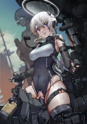Rule 34 | 1girl, 1other, amputee, bar censor, barcode, barcode tattoo, black gloves, blue eyes, blurry, blurry background, breasts, catheter, censored, commentary, covered navel, detached sleeves, double amputee, fingerless gloves, framed breasts, full body, gloves, hair between eyes, highres, iuui, large breasts, looking at viewer, mecha musume, object insertion, open mouth, original, pussy cutout, restrained, sex machine, short hair, solo focus, stationary restraints, stitches, symbol-only commentary, symbol-shaped pupils, tattoo, teeth, thigh strap, upper teeth only