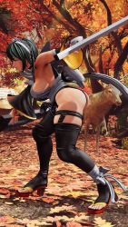 1girl 3d apron ass black_hair black_leotard breasts butterfly_swords curvy forest highleg highleg_leotard highres holding holding_weapon huge_ass iroha_(samurai_spirits) leotard looking_to_the_side maid maid_headdress nature samurai_spirits screencap shiny_skin sideboob skindentation solo thighhighs third-party_edit thong_leotard weapon wide_hips
