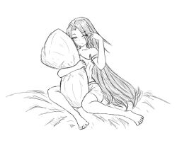 Rule 34 | 1girl, alternate hairstyle, armpits, artist request, barefoot, bed, blush, boyshort panties, breasts, camisole, capcom, clenched hands, collarbone, feet, female focus, full body, hair down, hands up, himezaki aoi, hugging object, indoors, justice gakuen, legs, long hair, looking at viewer, mask, medium breasts, midriff, moero! justice gakuen, monochrome, neck, one eye closed, parted bangs, pillow, pillow hug, purple eyes, red hair, sidelocks, sleepy, thighs, toes, traditional media, underwear, underwear only, unworn mask, very long hair