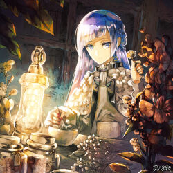 1boy alba_alfurira blue_eyes blue_hair braid copyright_name dairoku_ryouhei earrings flower holding holding_flower indoors jar jewelry kokuzu lantern long_hair looking_at_viewer pestle plant red_nails star_(symbol) star_earrings