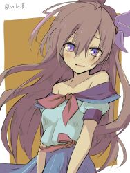 10011018 1girl bare_shoulders blue_skirt blush brown_hair hair_between_eyes hair_ornament highres kantai_collection kisaragi_(kancolle) kisaragi_(zuiun_paradise)_(kancolle) long_hair looking_at_viewer off-shoulder_shirt off_shoulder one-hour_drawing_challenge open_mouth parted_lips purple_eyes shirt short_sleeves simple_background skirt solo twitter_username two-tone_background very_long_hair