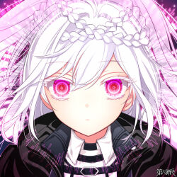 1girl aura black_jacket braid collared_shirt colored_eyelashes copyright_name crown_braid dairoku_ryouhei elvira_henneberg expressionless eye_focus hair_between_eyes jacket l_(matador) long_hair looking_at_viewer multiple_braids pink_eyes portrait ringed_eyes shirt solo straight-on white_hair white_shirt wide_ponytail