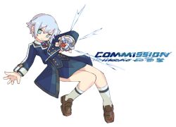 Rule 34 | absurdres, artist name, biometal, blue jacket, blue skirt, character request, commission, copyright request, full body, green eyes, grey hair, highres, iikoao, jacket, mega man (series), mega man zx, original, shirt, short hair, simple background, skirt, solo, white background, white shirt