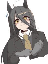 1girl absurdres adjusting_clothes adjusting_gloves ahoge aroused black_coat black_shirt blush closed_mouth coat collared_shirt commentary_request ear_tag earrings eyes_visible_through_hair gloves grey_gloves grey_hair hair_between_eyes highres jewelry long_bangs long_hair_between_eyes long_sleeves manhattan_cafe_(umamusume) multicolored_hair necktie shirt simple_background single_earring smile solo starforest9179 sweatdrop umamusume variant_set white_background yellow_necktie