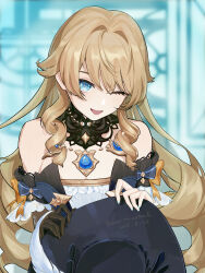 1girl absurdres bare_shoulders bear_minstrel black_gloves black_hat blonde_hair blue_eyes blue_gemstone blue_nails blurry blurry_background commentary_request dated drill_hair drill_sidelocks gem genshin_impact gloves hair_intakes hat highres holding holding_unworn_clothes holding_unworn_hat long_hair looking_at_viewer nail_polish navia_(genshin_impact) one_eye_closed open_mouth sidelocks signature single_glove smile solo unworn_hat unworn_headwear upper_body very_long_hair