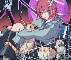 Rule 34 | 1girl, animal, black dress, cat, dress, grey eyes, grey hoodie, hedgehog, highres, hire (hire77), holding, holding animal, holding cat, hood, hoodie, long sleeves, nira-chan, pink hair, pliers, shopping cart, sword, uniguri (zutomayo), weapon, zutto mayonaka de ii no ni