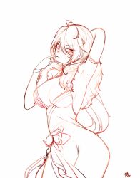1girl 3gs ara_haan arm_up armpits asymmetrical_dress blush breasts cleavage devi_(elsword) dress elsword eyes_visible_through_hair finger_to_mouth gloves heart heart-shaped_pupils highres large_breasts looking_at_viewer sketch solo sweatdrop symbol-shaped_pupils