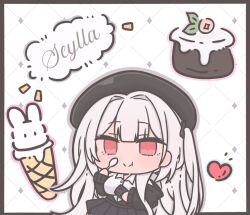 Rule 34 | 1girl, artist name, azur lane, beret, black hat, character name, chibi, chibi only, food, futaba (anti clockwise), hair between eyes, hat, ice cream, long hair, looking at viewer, official alternate costume, red eyes, scylla (azur lane), scylla (femme fatale fresher) (azur lane), solo, white hair