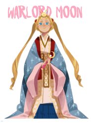 Rule 34 | 1girl, alternate costume, bishoujo senshi sailor moon, blonde hair, blue eyes, commentary, english commentary, highres, holding, holding wand, japanese clothes, jewelry, kimono, layered kimono, long hair, looking at viewer, renareve, simple background, solo, tsukino usagi, twintails, wand, white background