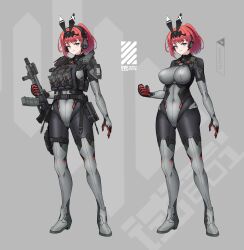 1girl absurdres ammunition_pouch animal_ears ar-15 assault_rifle body_armor bodysuit boots breasts buckle bulletproof_vest covered_navel full_body gloves green_eyes gun h&amp;k_hk416 handgun highres holding holding_gun holding_weapon holster holstered impossible_bodysuit impossible_clothes large_breasts leotard load_bearing_vest looking_at_viewer magazine_(weapon) military_operator multiple_views original pantyhose ponytail pouch rabbit_ears radio red_hair rifle sherman_(egnk2525) short_hair sig_sauer skin_tight snap-fit_buckle standing suppressor tachi-e tactical_clothes thigh_boots thigh_holster thighhighs walkie-talkie weapon