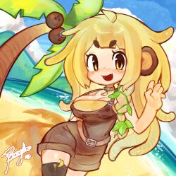 Rule 34 | 1girl, animal ears, bananajuju, blonde hair, brown hair, brown overalls, coconut, day, dreadlocks, indie virtual youtuber, long hair, looking at viewer, monkey ears, monkey girl, open mouth, outdoors, overall shorts, overalls, palm tree, pissgata, signature, solo, tree, virtual youtuber
