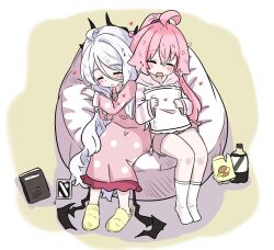 2girls ahoge blue_archive closed_eyes demon_horns e_v_e_neko highres hina_(blue_archive) horns hoshino_(blue_archive) long_hair multiple_girls pink_hair white_hair yuri