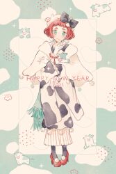 Rule 34 | 1girl, 2021, :3, animal print, aqua eyes, black bow, black pantyhose, blunt bangs, bob cut, border, bow, chinese zodiac, cow, cow print, earrings, full body, gloves, green border, haori, happy new year, hat, high heels, japanese clothes, jewelry, kimono, long sleeves, looking at viewer, new year, original, pantyhose, pom pom (clothes), pom pom earrings, red hair, red shoes, ryokuno green, shoes, short hair, simple background, solo, standing, white background, white gloves, white haori, white hat, white kimono, year of the ox
